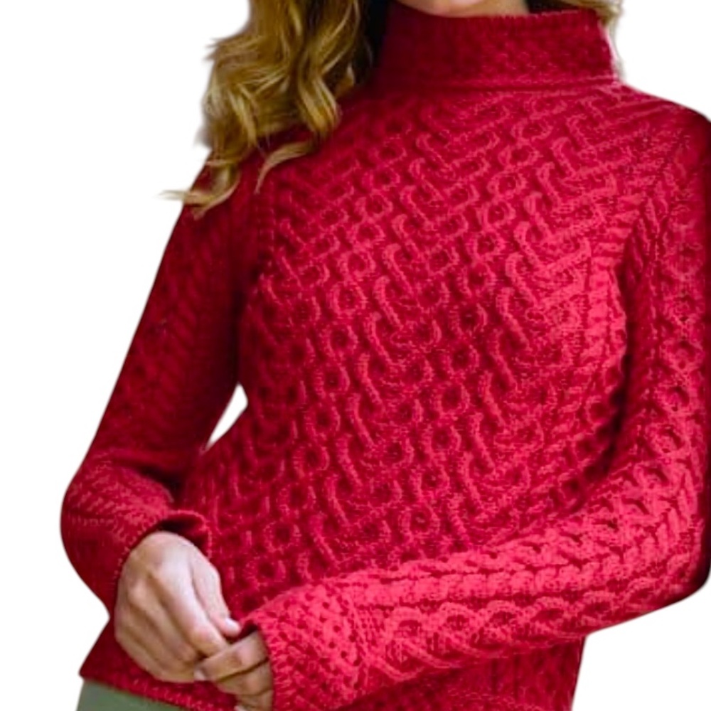 NWT Aran Mor Ireland pure merino wool ruby red high neck sweater L